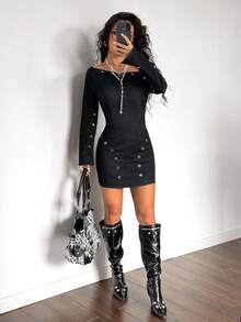 StreetHx Women's Fashion Off-Shoulder Long Sleeve Denim Bodycon Dress - Black - View 4