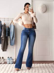 SHEIN Tall 女式口袋喇叭休闲百搭牛仔裤 - 藍色 - 查看 6