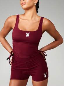 Missguided x Playboy 褶皱运动背心，带侧抽绳细节，适合健身房训练的合身运动服背心 - 酒紅色 - 查看 3