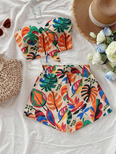 Soleia Plus Size Women Tropical Plant Print Bandeau Top And Shorts Fashion 2 Pieces Set