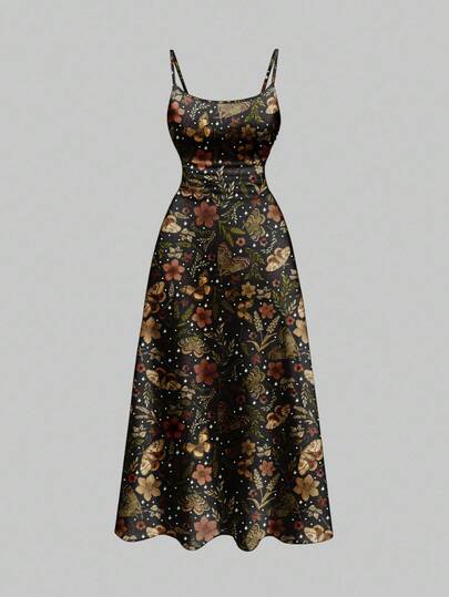 Fairycore Bohemian Dark Palace Moth & Maple Leaf Print Sleeveless Ruched Waist Sexy A-Line Dress For Women, Autumn/Winter