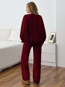 EURMUSE Damen Zweiteiler aus lässigem und elegantem, niedlichem Cardigan und Sweathose, Alltagsmode, Herbst, Winter - Bordeaux - Übersicht 2