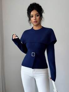 SHEIN Elenzya Áo len dài tay trơn màu thanh lịch dành cho nữ - Màu xanh lam - Xem 3
