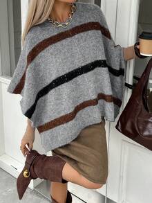 Livesso Poncho de suéter de cuello redondo a rayas para mujer en otoño - Gris - Ver 6