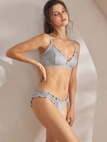 Ocili Leisure Minimalist Comfortable Ribbed Wireless Bralette & Bow Decor Panty Set, Chic Autumn - Grey - View 7