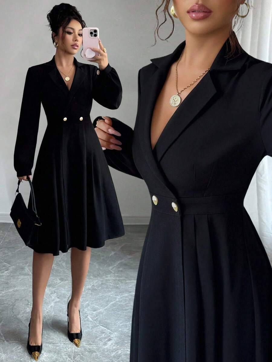 Elenzga فستان أنيق للسيدات بأكمام طويلة وخصر مشدود بتفاصيل إبزيم معدني ثنائي اللون - الأسود - مشاهدة 1