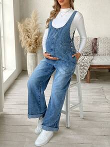 SHEIN Maternity Casual Basic Pocket Denim Bib Pants