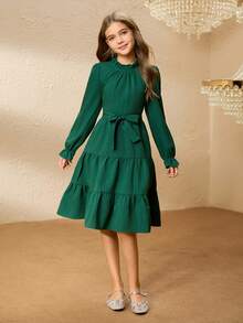女童圣诞绿色长袖连衣裙，休闲百搭童装，适合青少年女孩日常穿着，秋冬季 - 綠色 - 查看 1