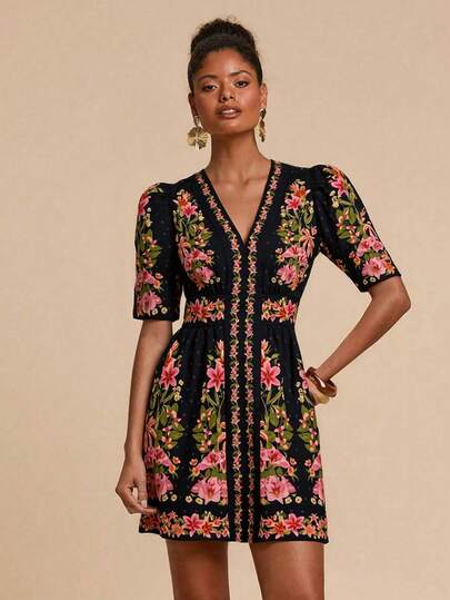 Travachic Boho Mini A Line Dress For Women V Neck Short Puff Sleeve Black Random Floral Print Woven Fabric, Short Floral Dress, Luxury Evening Dresses For Weddings,Halloween Costume, Christmas Party Clothes, New Year Look, Thanksgiving Outfits, Elegant Dresses Party