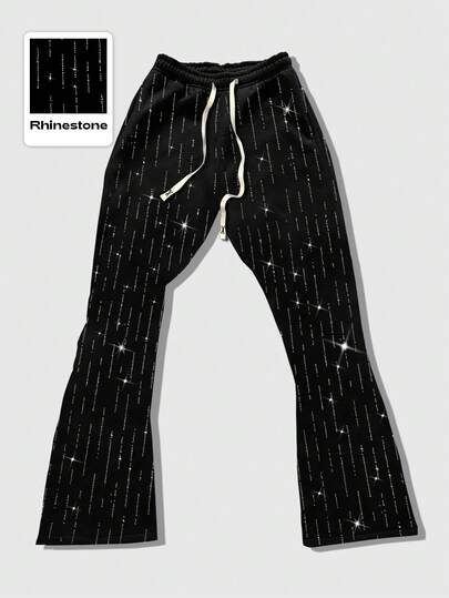 Street Life Pantalones de chándal con cintura con cordón y vuelo con rhinestones para hombres, pantalones de otoño/invierno