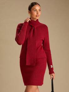 Enchnt Women's Wine Red Stand Collar Long Sleeve Knitted Mini Dress With Scarf,Elegant Chic Autumn Fall Clothes For Party,Brunch,Holiday&Office - Burgundy - View 5