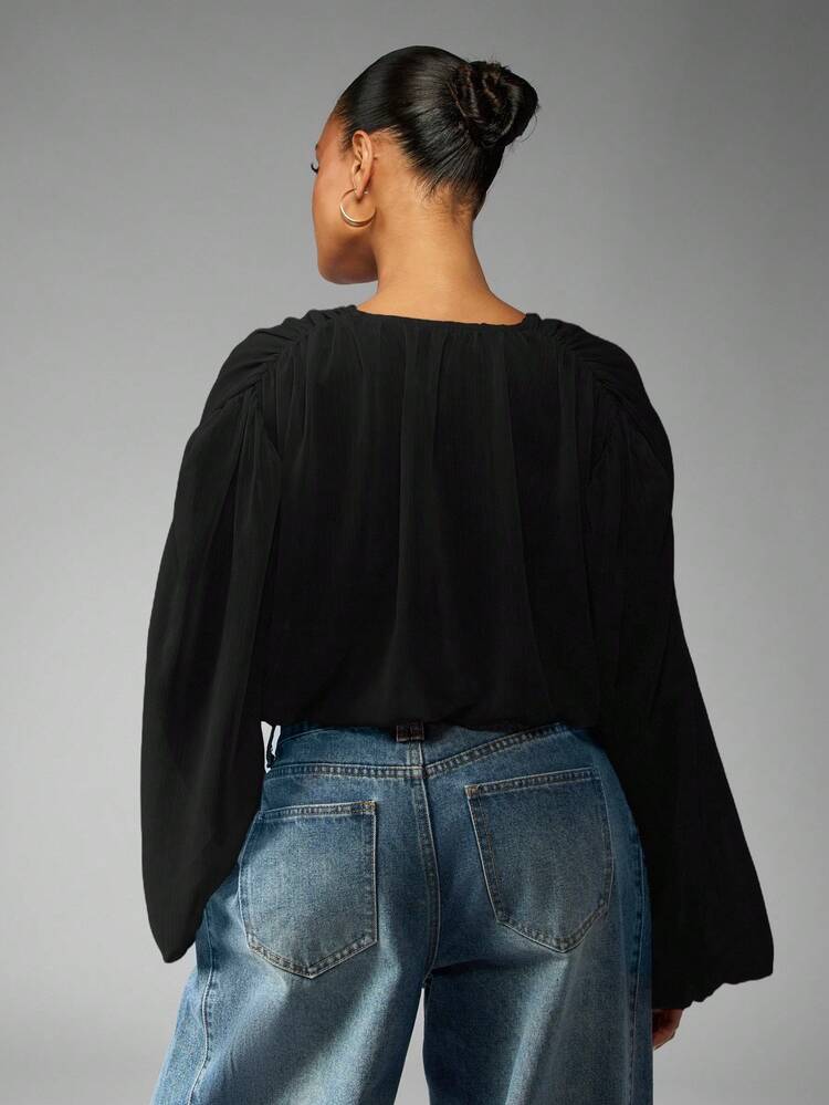 MISSGUIDED Oversized Wrap Front Blouse With Balloon Sleeves And Tie Detail For Casual And Office Wear