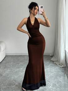 Rafferiza 优雅修身鱼尾下摆 V 领腰部褶皱针织网眼玫瑰红色衬里长款连衣裙，适合女士，秋冬