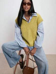 ATUI Studio 秋冬女士休闲纯色针织背心 - 黃色 - 查看 1
