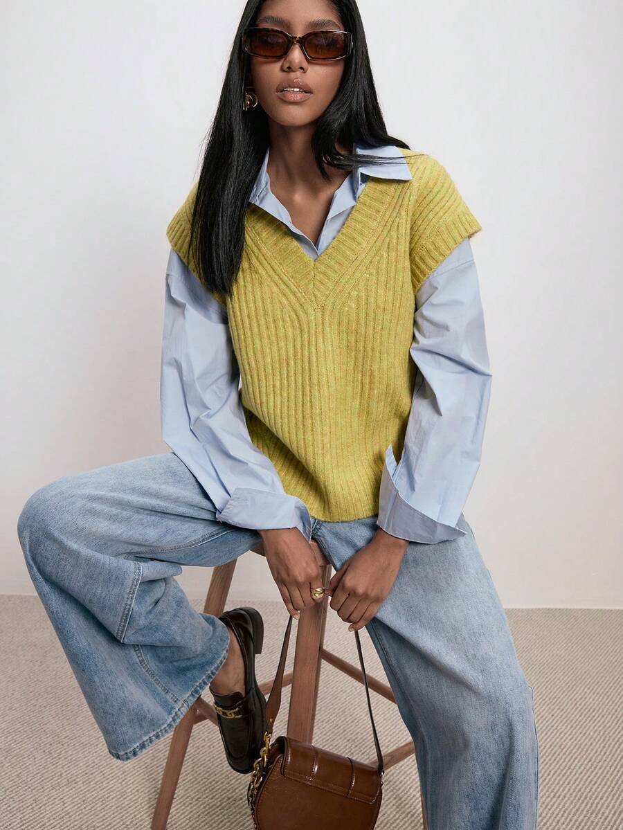 ATUI Studio 秋冬女士休闲纯色针织背心 - 黃色 - 查看 1