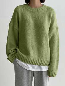 DAZY Cozy Fabric Green Regular Hem Rib-Knit Long Sleeve Women's Pullover,Autumn/Winter - Green - View 2