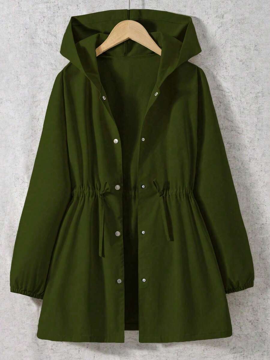SHEIN Teen Girl Casual Commuter Single-Breasted Hooded Drawstring Waist Jacket