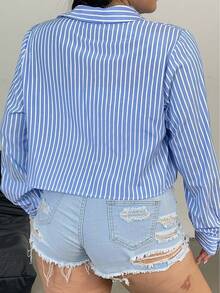 Flirla Korean Style Academic Blue Striped Crop Top Fall Cloth For Women