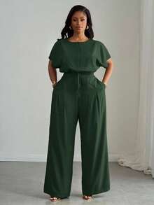 Slaydiva Nuevo llegado de primavera/verano, elegante y apropiado para ir a la oficina, fiestas, clubes y actividades al aire libre. Conjunto de 2 piezas para mujer talla grande con top corto holgado de hombros caídos y cordón ajustable, y pantalones de pierna ancha con bolsillos, en color verde. - Verde militar - Ver 8