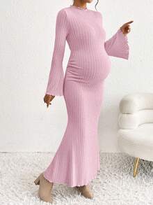 SHEIN 优雅孕妇纯色喇叭袖通勤连衣裙 - 淺粉色 - 查看 3