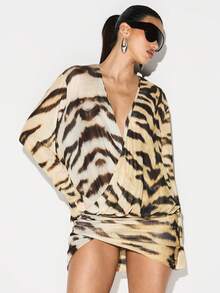 KIZN 网纱裹身长袖虎纹迷你连衣裙，适合晚宴派对场合 - 彩色 - 查看 4