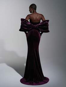 Elitara Gaun Pesta Formal Beludru Ungu Tua Elegan, Lengan Kelelawar dengan Hiasan Berlian Imitasi, Tanpa Punggung, Ekor Gaun Ekor Ikan, Gaun Acara Pernikahan Minimalis - Burgundy - View 3