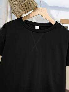 SHEIN 2 件套青少年男童休闲拼布撞色圆领运动衫和慢跑裤套装，适合秋季、冬季、学校、家居、日常、运动、生日派对、郊游，百搭百搭保暖内衬 - 黑色 - 查看 5