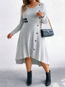 EMERY ROSE Plus Size Women's Grey Everyday Autumn Smart Casual Knit Ribbed Crew Neck Button Decor Dress,Front Short Back Long Elegant Thanksgiving Party Commute - Grey - View 5