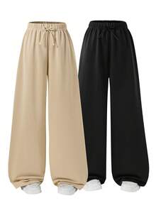 SHEIN Sparklyn 2pcs/Set Teens/Girls Casual All-Match Versatile Daily Wear & Workout Loose Wide Leg Sweatpants, Autumn/Winter - Multicolor - View 3