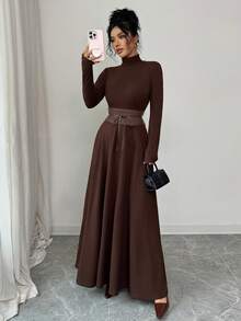 SHEIN Elenzya Váy dệt kim dài màu trơn sang trọng dành cho nữ, thiết kế cổ cao một nửa, ôm vừa vặn, trang trí thắt lưng thon gọn, váy thanh lịch cổ điển, phù hợp mặc hàng ngày, hẹn hò, ăn tối, cặp đôi, lớp trong thu đông, lớp ngoài xuân - màu nâu - Xem 3