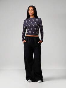 Missguided x Playboy Leopard Print Long Sleeve Crop Top With Crew Neck For Fall Winter Casual Wear - Multicolor - View 3
