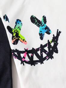 SHEIN 2 件套儿童/青少年男童休闲日常舒适印花图案圆领长袖上衣和紧身裤针织家居服套装 - 黑與白 - 查看 8