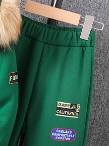 SHEIN 2 件套年轻男孩标语印花拉链连帽运动衫和运动裤休闲装，秋冬 - 綠色 - 查看 6