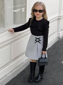 SHEIN Elladie kids Conjunto de camiseta de manga larga acanalada negra linda con falda con decoración de lazo y bajo dividido para niñas, conjunto de camiseta de otoño/invierno - Negro - Ver 6