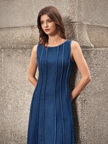 Selenza 女士时尚无袖腰收腰牛仔连衣裙，适合通勤 - 藍色 - 查看 6