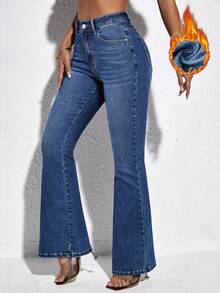 SHEIN PETITE Women's High Waist Pocketed Flare Casual Versatile Jeans - Medium Wash - View 4
