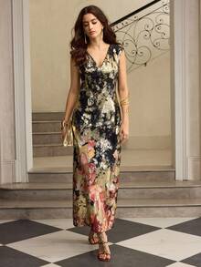 ZEYLAH V领修身直筒H型提花长连衣裙，秋冬 - 黑色 - 查看 6