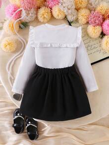 SHEIN Elladie kids 女童可爱黑色罗纹长袖上衣搭配蝴蝶结装饰开衩裙，秋冬T恤套装 - 白色 - 查看 2