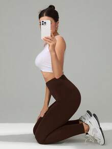 SHEIN Tall 1件套女士休闲纯色高腰紧身裤 - 棕色 - 查看 4