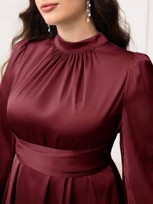 Modelyn Plus Size Elegant Solid Color Bell Sleeve Dress, Suitable For Party/Christmas - Burgundy - View 4