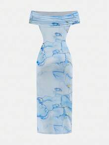 SHEIN Girlism 青少年女孩休闲简约舒适露肩束腰贴身中长连衣裙 - 淺藍色 - 查看 2