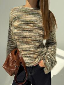 Aloruh Suéter de mujer para otoño e invierno con rayas/casual de negocios/elegante/renacimiento, ropa de mujer de otoño de manga larga, cuello redondo, ropa de mujer para cumpleaños, calado, fiesta, Halloween, Navidad, parte superior de manga larga con escote sexy en la espalda - Marrón - Ver 3