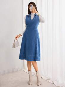 Selianne V领束腰水洗牛仔连衣裙 - 中等水洗藍 - 查看 5