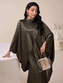 Veilorie Women's Solid Color Stand Collar Batwing Sleeve Loose Elegant Arabic Dress