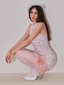 Poshira Vestido curto elegante feminino com estampa de botões, xadrez, patchwork, felpudo, sem mangas - Rosa - Ver 1