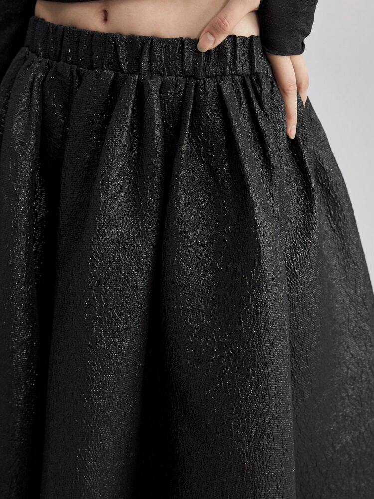 Women's Black Special Textured Metallic Coated A-Line Skirt,Classy Elegant Autumn Night Outwear,Sophisticated Old Money Style High-End Business Attire