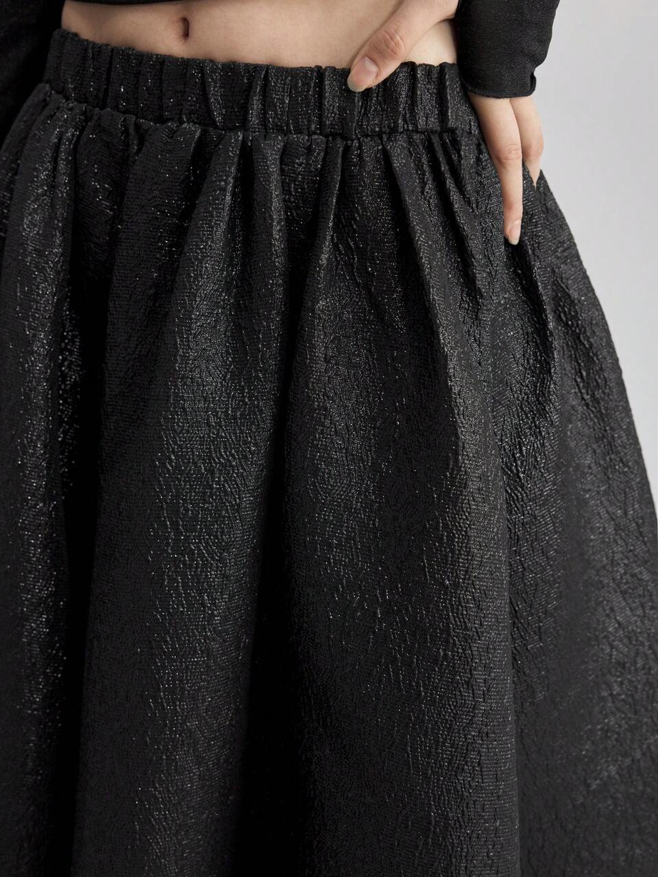 Women's Black Special Textured Metallic Coated A-Line Skirt,Classy Elegant Autumn Night Outwear,Sophisticated Old Money Style High-End Business Attire