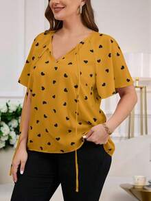 Reflora Plus Size Women Heart Ruffle Trim Tie Neck Summer Blouse - Yellow - View 5