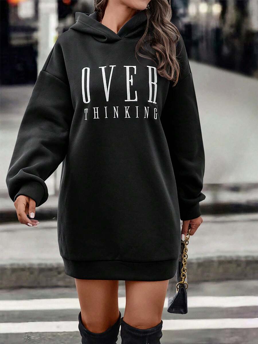 EMERY ROSE 女士休闲字母图案落肩卫衣，秋季，圣诞节 - 黑色 - 查看 1