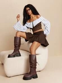 Daringsoles Kozaki na platformie z grubą podeszwą, sięgające do kolan, elastyczne buty, modne buty na grubym obcasie z okrągłym noskiem, uniwersalne buty damskie - Brązowy - Zobacz 2